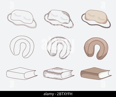 Items for travel and sleep on the road, blindfold, pillow and book. Different design options - contour, shading, vintage, contour and color. Vector Stock Vector