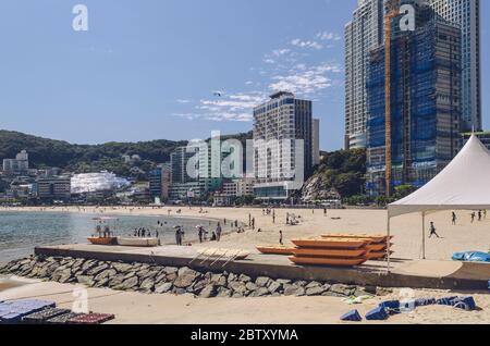 Busan, South Korea, September 14, 2019: landscape of Songdo beach with people realaxing and renting place Stock Photo