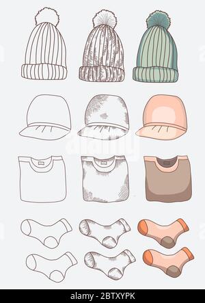 Items of clothing. Things - hat, cap, socks, t-shirt. Different design options - outline, stroke, vintage, outline and color. Vector illustration Stock Vector