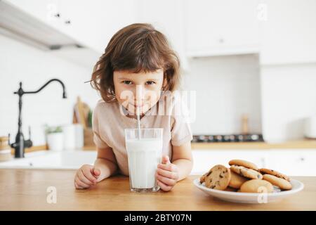 Cute toddler girl drinking milk with steel straw from glass and eating cookies sitting at kitchen table. Reduce plastic use at home with children Stock Photo