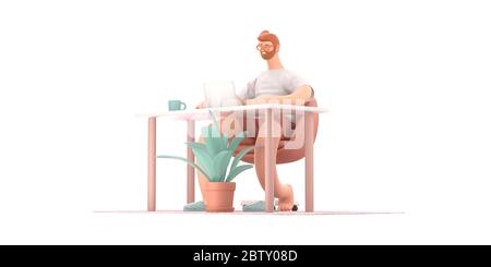 Home Office 3D render -modern concept digital illustration home office quarantine metaphor, a cartoon character, guy working at home sitting at the de