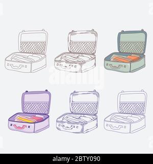 Travel stuff. Opened suitcase with things. Different design options - contour, shading, vintage, contour and color. Vector illustration Stock Vector