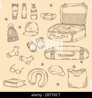 Travel stuff. Various suitcases, outdoor and indoor, cosmetics, clothes. Travel and Vacation. Hand drawn vector set, strokes, vintage. All elements Stock Vector