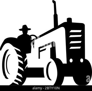 Illustration of a farmer wearing hat driving vintage farm tractor ...