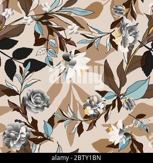 Seamless pattern with white roses and brown leaves on light background. Tropical flowers, lily. Vector illustration with plants. Gentle pastel colors. Stock Photo