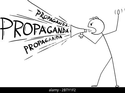 Vector cartoon stick figure drawing conceptual illustration of man or politician or media using loudspeaker or megaphone to spread propaganda. Stock Vector