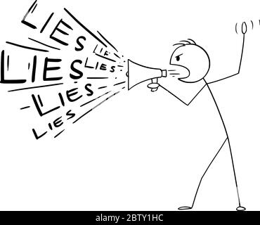 Vector cartoon stick figure drawing conceptual illustration of man or politician using loudspeaker or megaphone to spread lies. Stock Vector