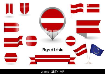 The Flag of Latvia. Big set of icons and symbols. Square and round Latvian flag. Collection of different flags of horizontal and vertical. Stock Vector