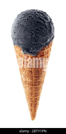 Black sesame or charcoal ice cream with cone isolated on white background Stock Photo