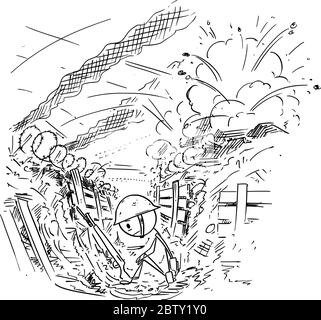 Vector cartoon stick figure drawing conceptual illustration of depressed or tired soldier sitting in trench while around is raging war or battle. Stock Vector