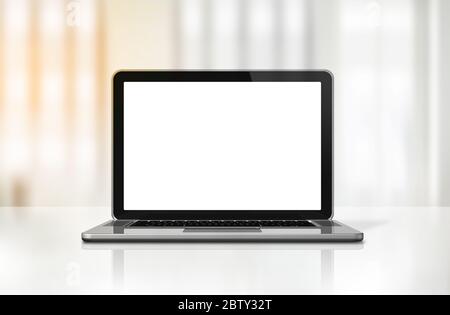 3D blank laptop computer isolated on office desk interior background Stock Photo