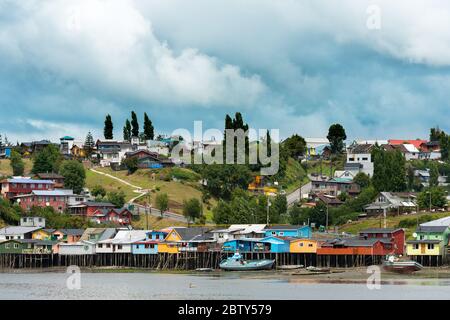 Traditional Stilt Houses known as Palafitos in Castro, Chiloe Island, Chile Stock Photo