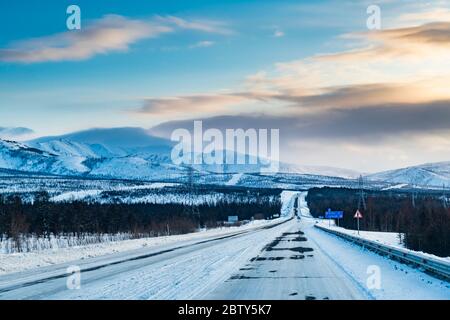 Snow covered mountains along the Road of Bones, Magadan Oblast, Russia, Eurasia Stock Photo