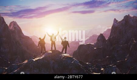 A team of three celebrates a luncheon on top of a mountain against a sunset. The concept of business and achieving goals. 3d rendering Stock Photo