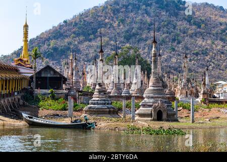 Many spikes like pagodas, Tharkong Pagoda, southern Inle Lake, Shan state, Myanmar (Burma), Asia Stock Photo