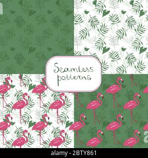 set of four patterns with flamingos. delicate seamless vector pattern with pink flamingos on a white background with green palm leaves. Tropical Stock Vector
