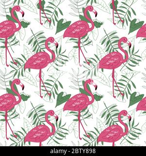 delicate seamless vector pattern with pink flamingos on a white background with green palm leaves. Tropical pattern Stock Vector