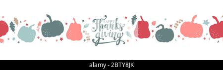 Lovely hand drawn and written Thanks Giving Design, cute pumpkins, leaves and font, great for Thanksgiving banners, wallpapers, cards - vector design Stock Vector