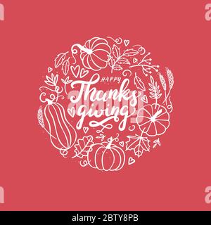 Lovely hand drawn and written Thanks Giving Design, cute pumpkins, leaves and font, great for Thanksgiving banners, wallpapers, cards - vector design Stock Vector
