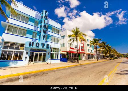 The usually packed Deco Drive in South Beach Miami lies empty during the COVID-19 virus pandemic, Miami, Florida, United States of America, North Amer Stock Photo