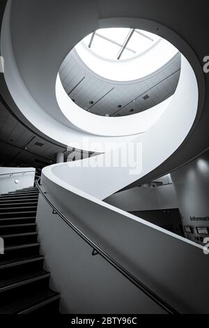 The spiral staircase in the Museum of Liverpool that forms part of the famous waterfront along the River Mersey, Liverpool, Merseyside, England, Unite Stock Photo