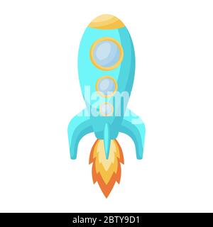 Bright turquoise cartoon rocket with fire trace launched into space for design of album, scrapbook, card and invitation. Flat vector illustration Stock Vector