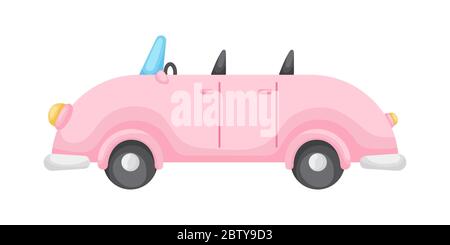 Pink cartoon car isolated on white background, colorful automobile flat style, simple design. Flat cartoon colorful vector illustration. Stock Vector