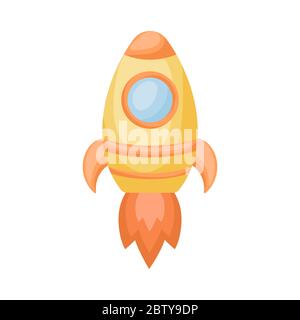Bright cartoon yellow rocket with fire trace launched into space for design of album, scrapbook, card and invitation. Flat cartoon vector illustration Stock Vector