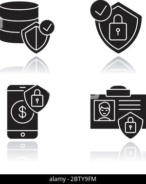 Cybersecurity drop shadow black glyph icons set Stock Vector