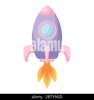 Bright cartoon purple-pink rocket with fire trace launched into space for design of album, scrapbook, card and invitation. Flat vector illustration Stock Vector