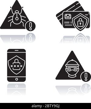 Cybersecurity drop shadow black glyph icons set Stock Vector