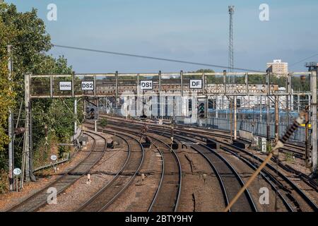 Rail track on the east coast main line, England. Stock Photo