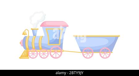 Blue-pink cartoon train for children isolated on white background, colorful train in flat style, simple design. Flat cartoon vector illustration Stock Vector