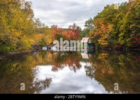 Boathouses and moored boats along a river with forested banks on a overcast autumn day. Stunning autumn colours and reflection in water. Stock Photo