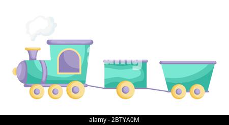 Green-purple cartoon train for children isolated on white background, colorful train in flat style, simple design. Flat cartoon vector illustration Stock Vector