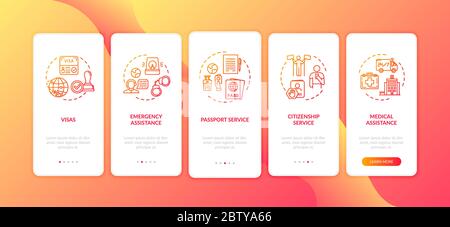 Embassy support onboarding mobile app page screen with concepts Stock Vector