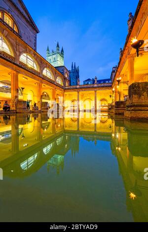 The Roman Baths and Bath Abbey illuminated at dusk, UNESCO World Heritage Site, Bath, Somerset, England, United Kingdom, Europe Stock Photo
