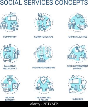 Social services turquoise concept icons set Stock Vector