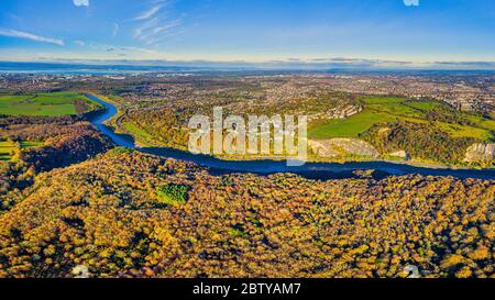 Aerial view over the Avon Gorge, the Downs and city centre, Bristol, England, United Kingdom, Europe Stock Photo