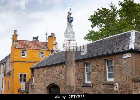A unicorn sits on top of The Mercat Cross Inverkeithing Fife Scotland. Stock Photo