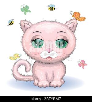 Cute cartoon pink cat, kitten on a background of flowers among butterflies Stock Vector