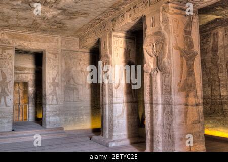 Square Pillars, Goddess Hathor head, Temple of Hathor and Nefertari, UNESCO World Heritage Site, Abu Simbel, Nubia, Egypt, North Africa, Africa Stock Photo