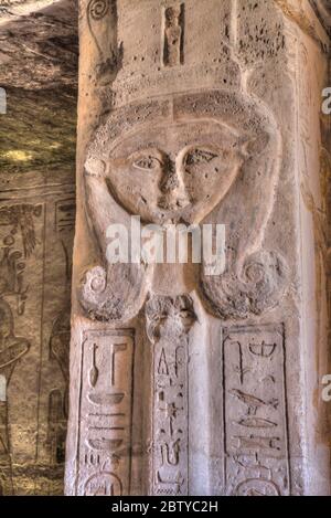 Square Pillar, Goddess Hathor head, Temple of Hathor and Nefertari, UNESCO World Heritage Site, Abu Simbel, Nubia, Egypt, North Africa, Africa Stock Photo