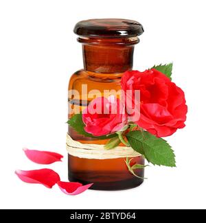 Rose oil in old pharmacists bottle Stock Photo