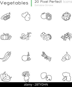 Vegetable pixel perfect linear icons set Stock Vector