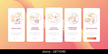 Nutrition mindfulness onboarding mobile app page screen with concepts. Appreciating food, eating slowly walkthrough 5 steps graphic instructions. UI Stock Vector