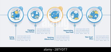 Eating habits vector infographic template. Mindful nutrition rules presentation design elements. Data visualization with 5 steps. Process timeline Stock Vector