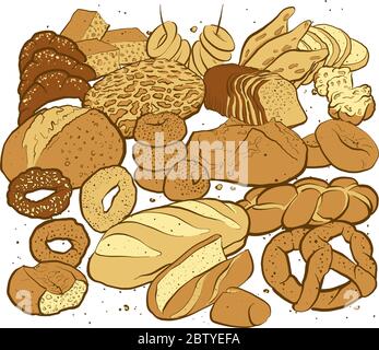 Hand drawn sketched breads to a square arranged format. Very detailed colored vector sketch of a composition with different European and American brea Stock Vector