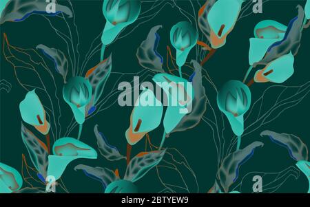 Mystical callas flowers with leaves on a forest green background seamless patern. Vector illustration with large inflorescences of plants. Stock Photo