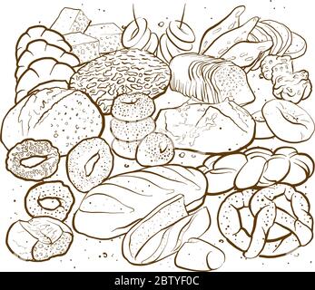 Outline version of Hand drawn sketched breads to a square arranged format. Very detailed colored vector sketch of a composition with different Europea Stock Vector